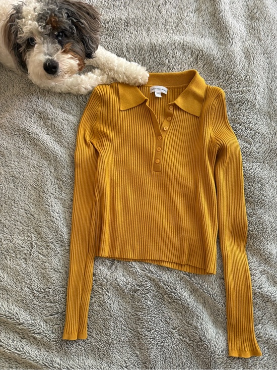 Calvin Klein Tops - Calvin Klein Long-Sleeve Ribbed Polo Top - Mustard Yellow